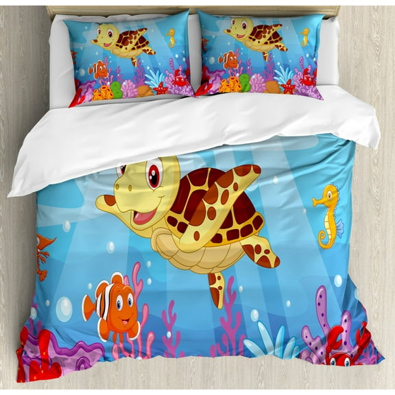 Turtle Duvet Cover Set King Size, Funny Adorable Cartoon Style Underwater Sea Animals Baby Turtle and Fish Pattern, Decorative 3 Piece Bedding Set with 2 Pillow Shams, Multicolor, by Ambesonne