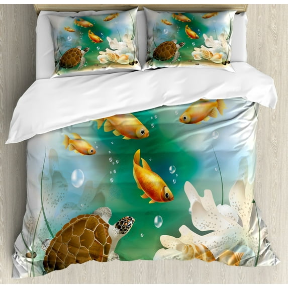 Turtle Duvet Cover Set Queen Size, Artistic Ocean Life Illustration Aquarium Tropical Animals Goldfishes and Seashells, Decorative 3 Piece Bedding Set with 2 Pillow Shams, Multicolor, by Ambesonne