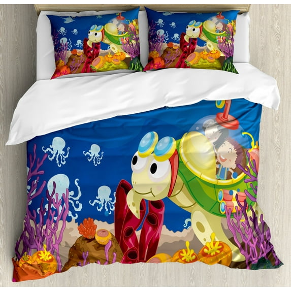 Turtle Duvet Cover Set Queen Size, Funny Cartoon Character Carrying Kids Underwater Coral Reef Octopus Nursery Design, Decorative 3 Piece Bedding Set with 2 Pillow Shams, Multicolor, by Ambesonne