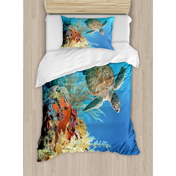 Turtle Duvet Cover Set Twin Size, Colorful Underwater with Turtle Swimming Among the Coral Reef Scenic Exotic View, Decorative 2 Piece Bedding Set with 1 Pillow Sham, Multicolor, by Ambesonne