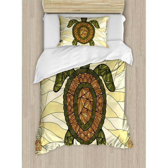 Turtle Duvet Cover Set, Turtle Zentangle on Yellow Background Spiral Forms Bohemian Art, Decorative 2 Piece Bedding Set with 1 Pillow Shams, Twin Size, Yellow Green Brown, by Ambesonne