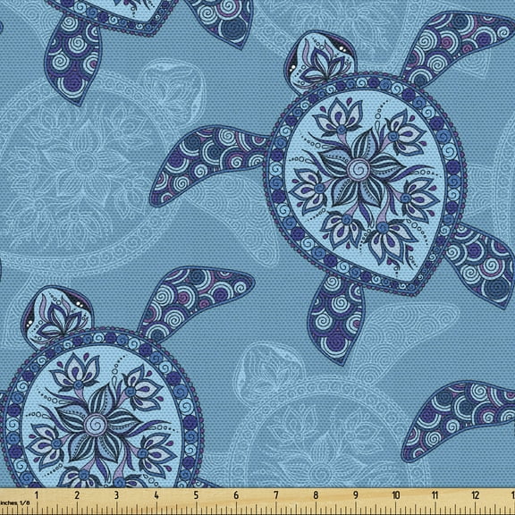 Ambesonne Turtle Fabric by the Yard Upholstery, Aquatic Animals Flowers, 2 Yards, Multicolor