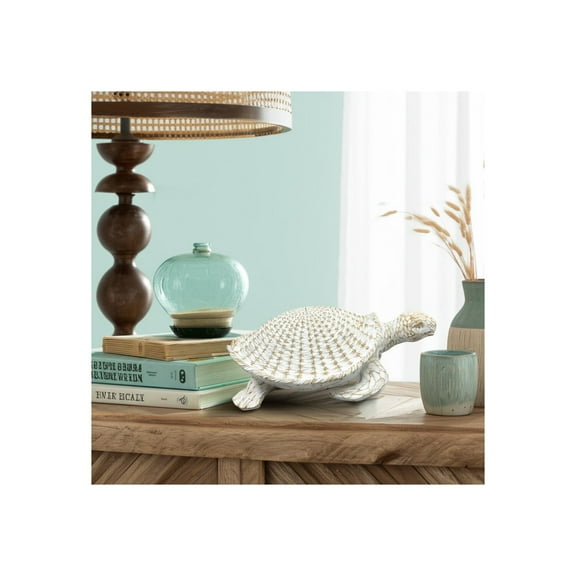 Turtle Figurine Resin and Polyresin Coastal Style Decorative Sculpture with Woven Shell Texture Nautical Theme Animal Shape Accent Piece for Seaside Inspired Beach Home Decor