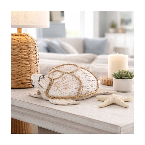 Coastal Turtle Figurine for Home and Bathroom Decor - Nautical Sea Animal Sculpture with Rope Accents for Office Shelf or Living Room Display - Rustic Accent for Coffee Table - 5", White & Brown