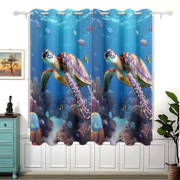 Turtle Fish Sea Coral Blackout Curtain Panels 63x55in Drapes Privacy Assured for Living room Bedroom Bathroom 2 panels set