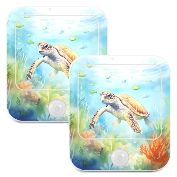 Turtle Fish Sea Waterweed Night Lights Plug into Wall LED with Auto Light Sensor Warm Light for Kids Hallway Bedroom Living Room Kitchen Bathroom Set of 2