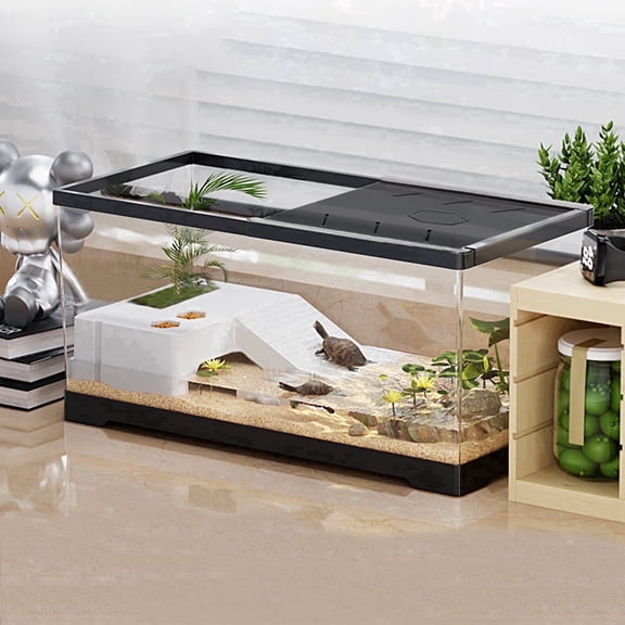 Turtle Fish Tank with Basking Platform and Bottom Drainage, 11.8" x 7" x 7.3" Aquatic Turtle Tank for Juvenile Turtle, Crayfish, Crabs, Amphibians, Reptiles, Black Color