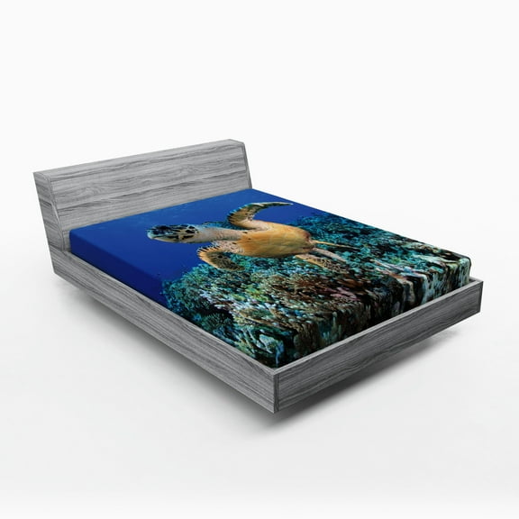 Ambesonne Turtle Fitted Sheet, Cheloniidae Deep Ocean, Queen Size, Violet Blue Pale Brown