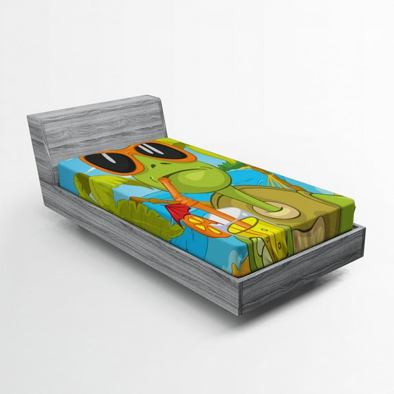 Ambesonne Cool Fitted Sheet, Turtle Drinking Cocktail, Twin Size, Green Orange Pale Blue