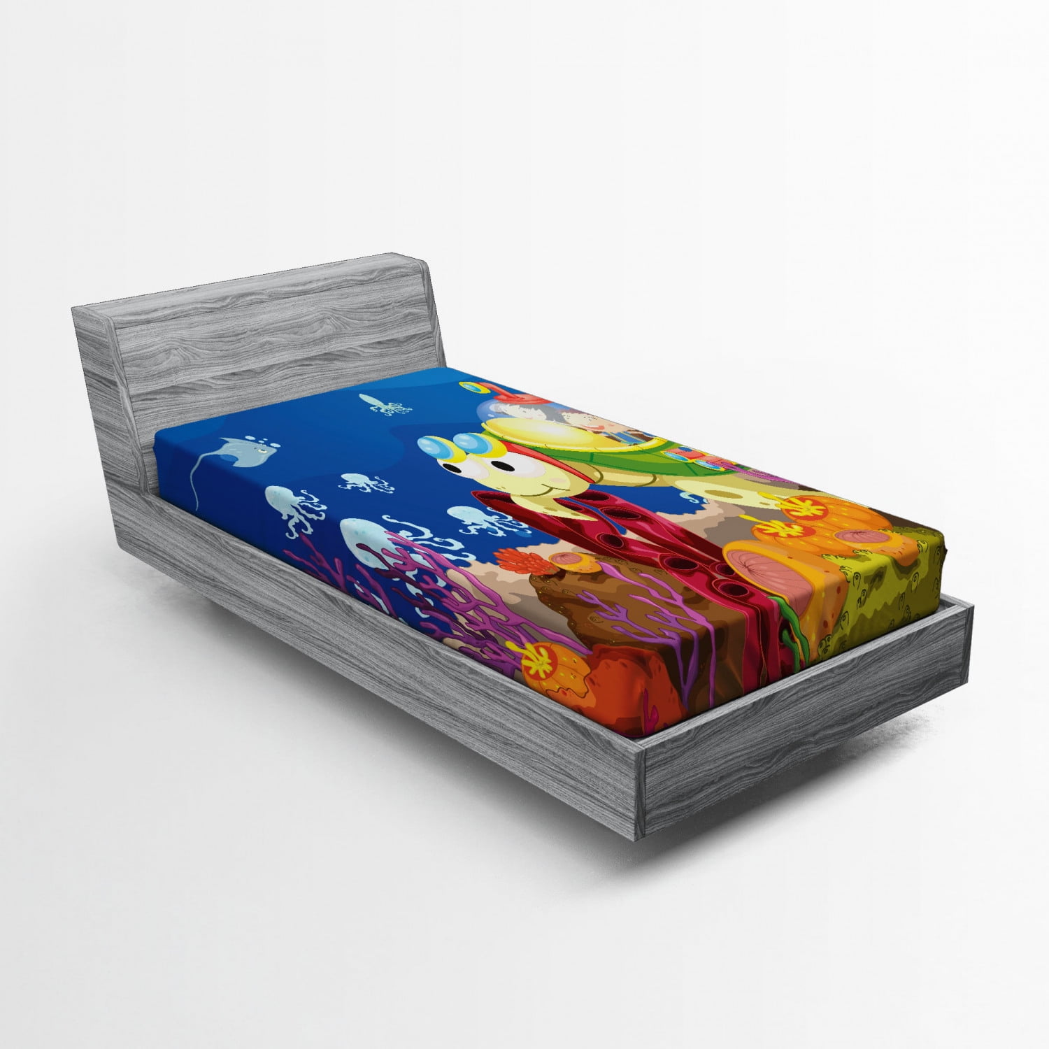 Turtle Fitted Sheet, Funny Cartoon Character Carrying Kids Underwater