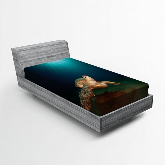 Turtle Fitted Sheet, Green Turtle Swimming Underwater Sunbeams Aquatic Wildlife Picture, Soft Decorative Fabric Bedding, Twin Size, Pale Brown Dark Blue, by Ambesonne