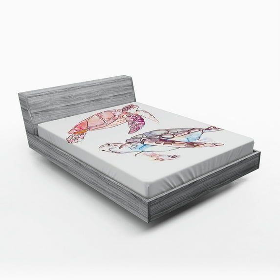 Turtle Fitted Sheet, Hand Painted Watercolor Artwork of 2 Turtles Pastel Underwater Theme, Soft Decorative Fabric Bedding, Queen Size, Pink Fuchsia Purple, by Ambesonne