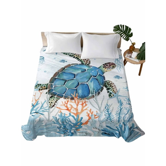 Turtle Flat Sheets Only King Size, Soft Breathable Bed Top Sheets for Mattress, Blue Coastal Starfish Ocean Coral Nautical Luxury Bedding Flat Sheets for Home Hotel Bedroom Bed Protection
