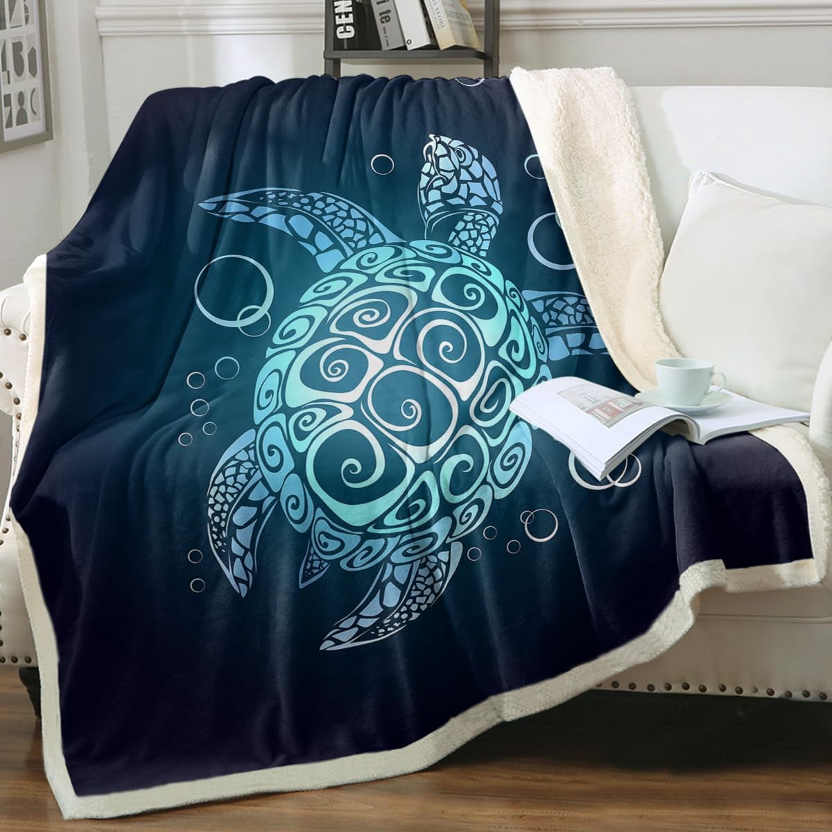 Turtle Fleece Blanket for Boys Girls Beach Theme Plush Sherpa Throw Blanket Teal Turquoise for Kids s (Throw 50''''''''x60'''''''')