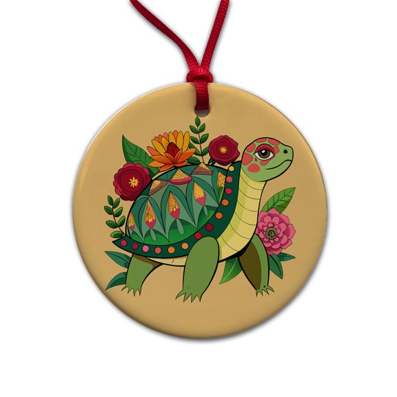 Turtle Floral Flowers Christmas Tree Holiday Round Ceramic Ornament