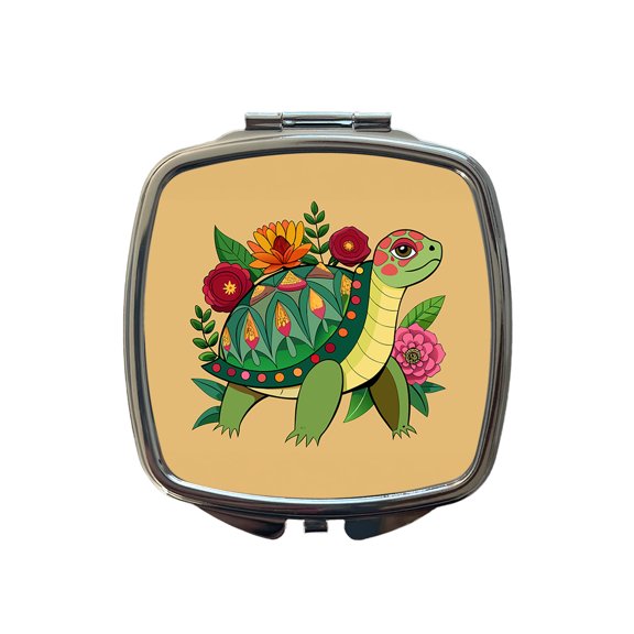 Turtle Floral Flowers Travel Makeup Handbag Purse Small Pocket Compact Mirror