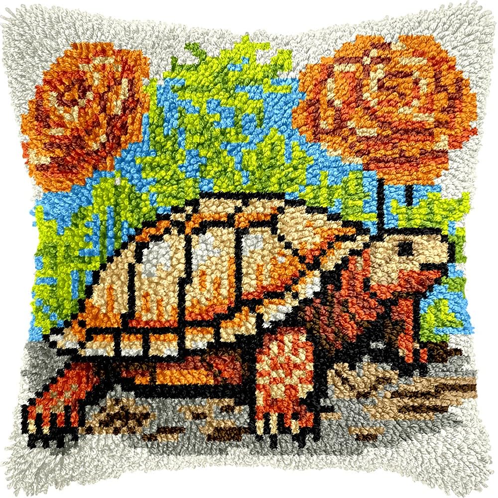 Turtle & Flower Latch Hook Pillow Kits for DIY Throw Pillow Cushion Embroidery Latch Hooking Pillowcase Kits with Preprinted Canvas Crochet Yarn Kits for Home Decor 17''X 17''(d248)