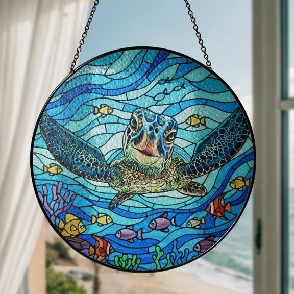 Turtle Glass Suncatcher, Sea Turtle Flowers Window Hanging Ocean Animal Beach, 3.5 in