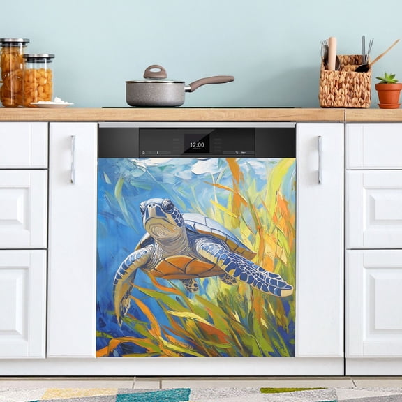 Turtle Grass Dishwasher Magnet Cover Reuseable Refrigerator Magnet Cover Decal Kitchen Fridge Microwave Stickers Hoilday Party Decor 23 x 26 inch