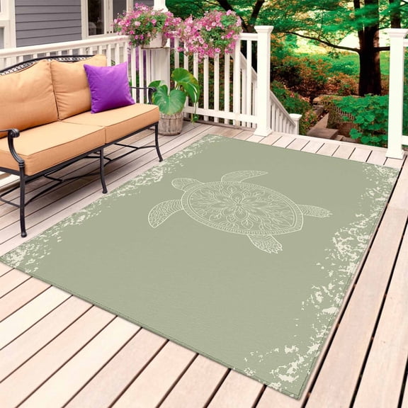 Turtle Green Outdoor Rug for Patio/Deck/Porch, Non-Slip Large Area Rug 3 x 5 Ft, Coastal Ocean Boho Flower Retro Mottled Indoor Outdoor Rugs Washable Area Rugs, Reversible Camping Rug Carpet Runner