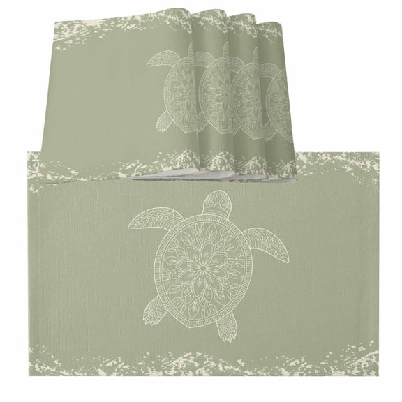 Turtle Green Placemats for Dinning Table Set of 4, Coastal Ocean Boho Flower Retro Mottled Burlap Kitchen Place Mats Waterproof Cloth Table Mats, Indoor Outdoor Placemats Easy Clean Dinner Decor