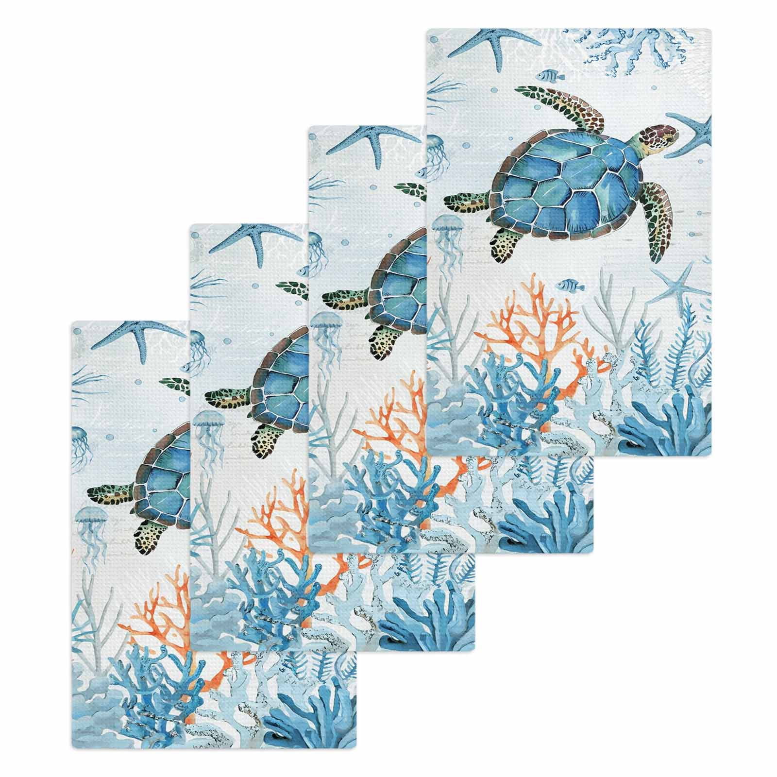 Turtle Hand Towels Set, Waffle Weave Kitchen Towels 4 Pieces, Blue Coastal Starfish Ocean Coral Nautical Microfiber Hair Face Bath Tea Towel Absorbent Quick Drying Cleaning Dish Cloths, 15.7"x23.6"