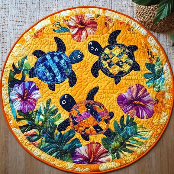 Turtle Harmony Quilted Round Mat, Sea Turtle Round Floor Mat, Coastal Ocean Home Decor Rug, Quilted Area Carpet for Bedroom Living Room