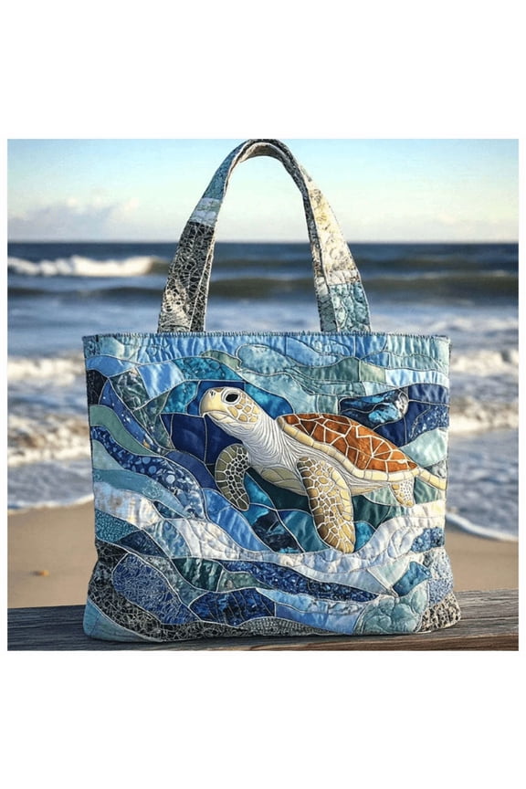 Turtle Haven Quilted Tote Bag, Three 3D Detailed Sea Turtle Appliques Hand-Stitched Quilted Beach Handbag