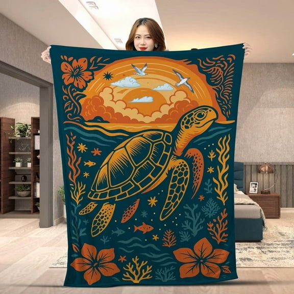 Turtle Hibiscus Sunset Blanket,Tropical Ocean Sea Turtle Throw for Beach Lovers, Perfect Gift for Nature Enthusiasts - Vintage Hibiscus Sea Fleece & Sherpa Blanket