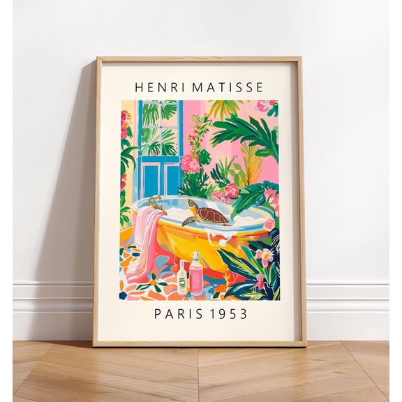 Turtle In Bathtub Art Print, Matisse Style Bathroom Decor Unframed Paper Print