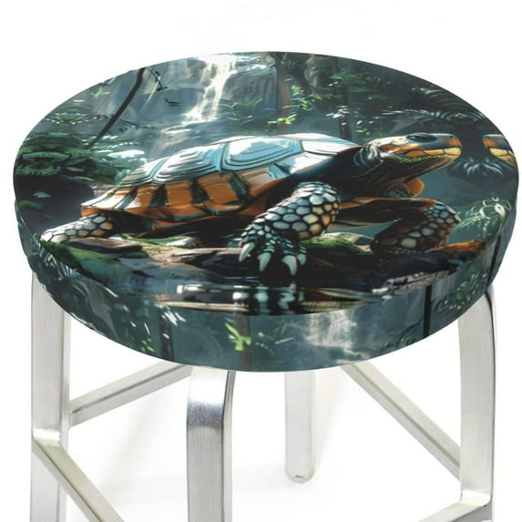 Turtle In Jungle Waterfall Round Bar Stool Seat Covers, Elastic Round Chair Cover Stool Seat Slipcover Bar Stool Cushions Round Pad for 12-14 inch