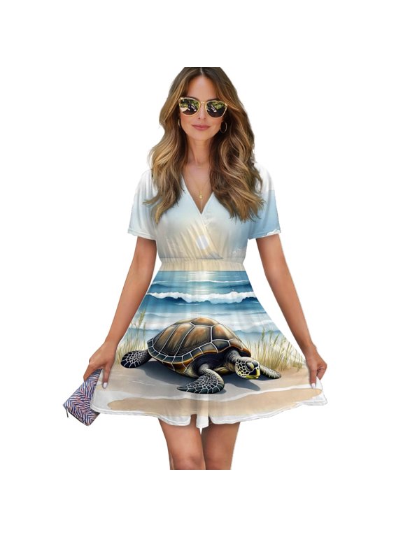 Turtle In The Sunset Women Dress V-Neck Short Sleeve Flowy Swing Party Midi Dress