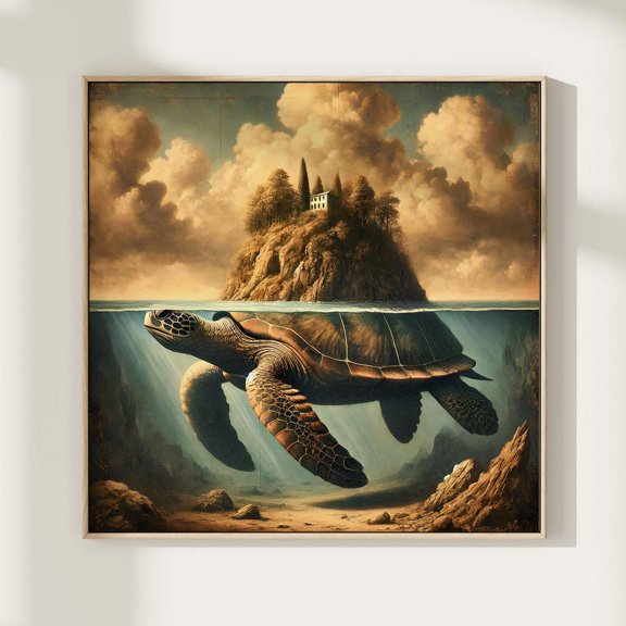 Turtle Island Fantasy Turtle Wall Art Surreal Fantasy Fine Art Decor, Stretched Canvas 8x10in
