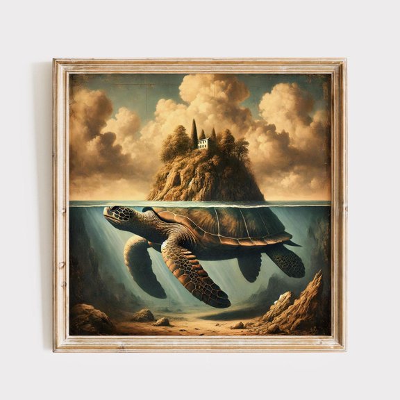 Turtle Island Fantasy Turtle Wall Art Surreal Fantasy Poster Home Decor, Unframed Canvas 24x36in