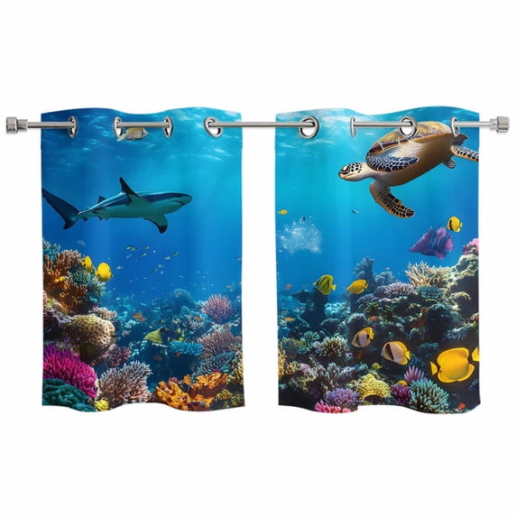 Turtle Kitchen Curtains Small Short 39 Inch Length, Blue Ocean Sea Shark Coral Cartoon Fish Summer Grommet Top Bedroom Living Room Curtains, Light Filtering Cafe Curtain Drapes 2 Panels Set 55''x39''