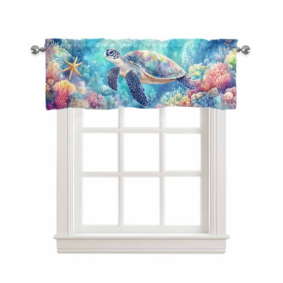 Turtle Kitchen Valances for Windows Farmhouse Linen Window Valance Curtain for Living Room Window Treatment Coastal Ocean Coral Gradient Watercolor Valance Rod Pocket Topper Drape, 60 x 18 Inch