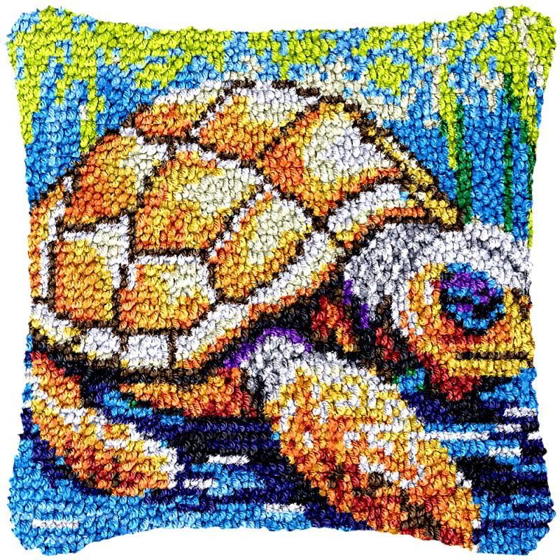 Turtle Latch Hook Pillow Cover Kits for DIY Handmade Throw Pillow Cross Stitch Latch Hook Pillowcase Rug Kits with Preprinted Color Pattern Canvas Crochet Yarn Kits 17''X 17''(fv78)