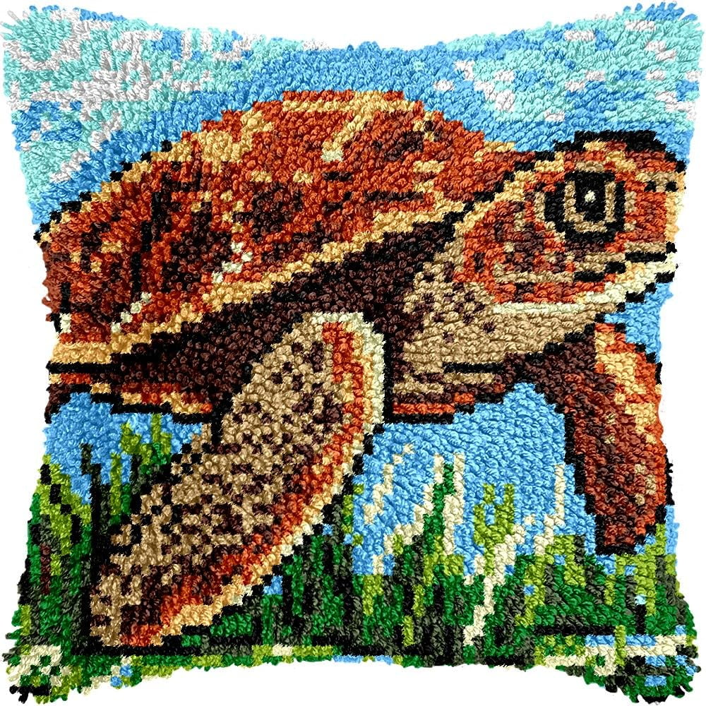 Turtle Latch Hook Pillow Kits DIY Pillowcase Cushion Cover Crochet Hooking Pillow Making Kits with Color Pattern Canvas Crochet Hooking Kits Pillow 43x43cm(RC-03)