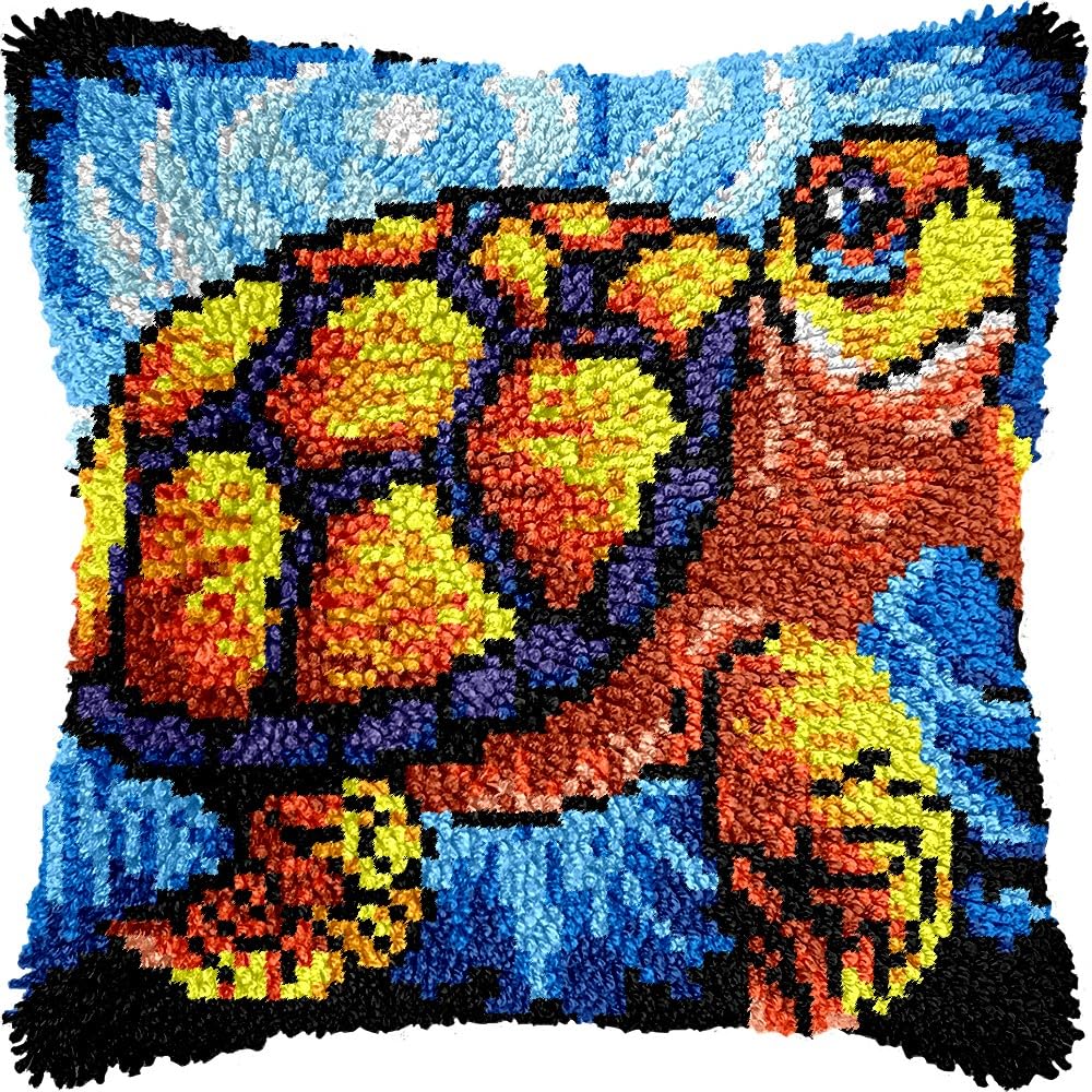 Turtle Latch Hook Pillow Kits for DIY Throw Pillow Cushion Embroidery Latch Hooking Pillowcase Kits with Preprinted Canvas Crochet Yarn Kits for Home Decor 17''X 17''(j15)