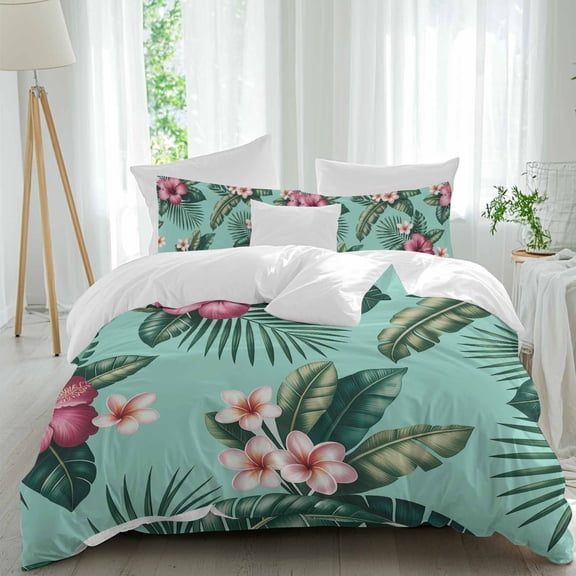 Turtle Leaf Queen Size Comforter Set, Pink Flower Watercolor Green Background Bedding for All Seasons, 4 Pcs Bed Set, 1Quiltcover (90"x92") ,1Sheet(94"x116"), 2Pillowcases (30"x20")