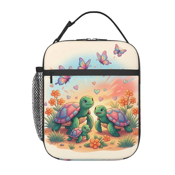 Turtle Lunch Bag Insulated Reusable Lunch Box Cute Cartoon Family Pattern Office Work Travel Commute Daily Thermal Cooler Case Pouch Food Carrier