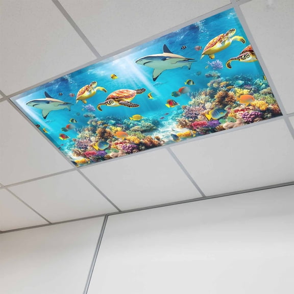 Turtle Magnetic Fluorescent Light Covers for Ceiling Lights 2 x 4 Feet, Shark Ocean Coral Underwater Scenery Sea Office Classroom Kitchen Drop Ceiling Light Covers Lighting Filters Shade Panel 1 Pack