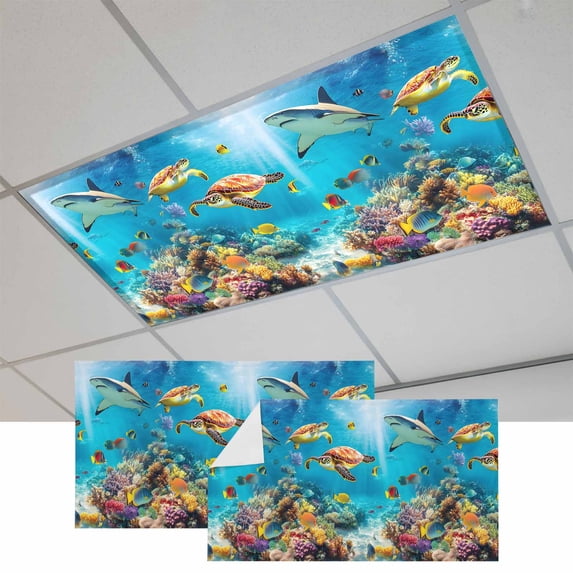 Turtle Magnetic Fluorescent Light Covers for Ceiling Lights 2x4 Feet, Shark Ocean Coral Underwater Scenery Sea Office Classroom Kitchen Drop Ceiling Light Covers Lighting Filters Shade Panel 2 Packs