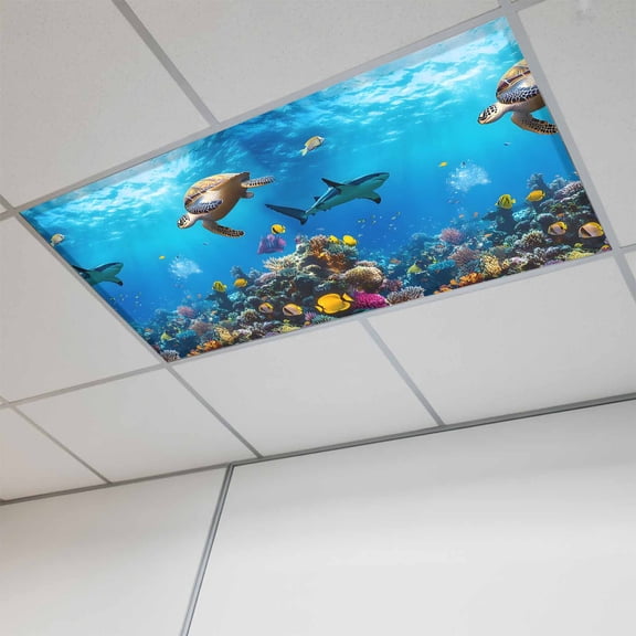 Turtle Magnetic Fluorescent Light Covers for Ceiling Lights 2x4Ft, Blue Ocean Sea Shark Coral Cartoon Fish Summer Office Classroom Kitchen Drop Ceiling Light Covers Lighting Filters Shade Panel 1Pack