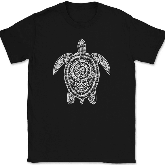 Turtle Mandala T-Shirt Beautiful Pattern Ocean Sea Shell Graphic Gift Tee - Black, 4XL