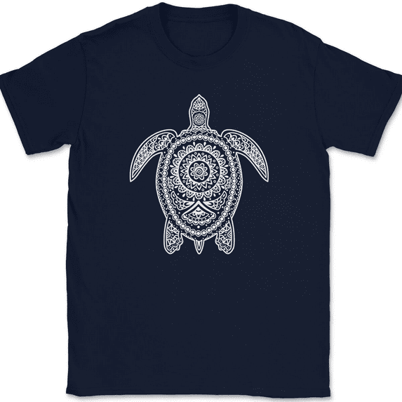 Turtle Mandala T-Shirt Beautiful Pattern Ocean Sea Shell Graphic Gift Tee - Navy, S