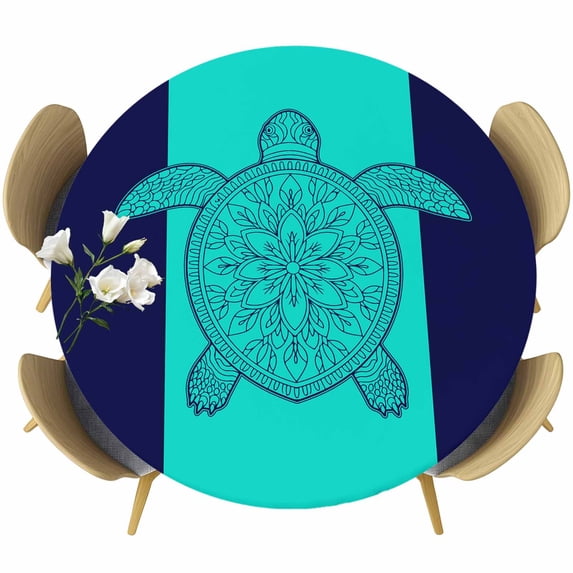 Turtle Mandalas Round Tablecloth, Fitted Table Cover with Elastic for 45"-54" Round Tables, Boho Modern Abstract Blue Stripe Summer Table Cloth Outdoor Indoor Dinning Party Waterproof Tablecloths