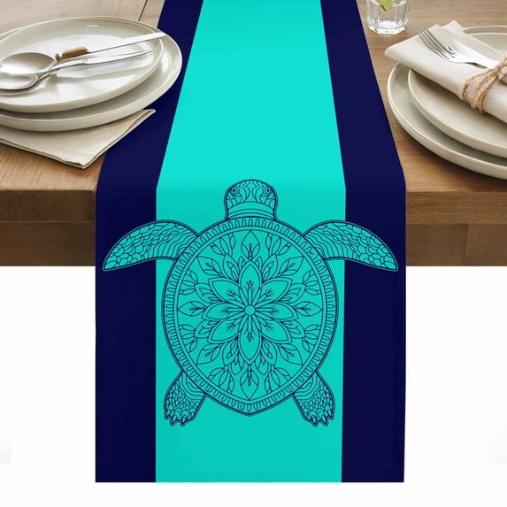 Turtle Mandalas Table Runner - 70 Inch Long, Kitchen Dining Table Runner Dresser Scarves, Boho Modern Abstract Blue Stripe Summer Farmhouse Decor for Coffee Tables Wedding Party Banquet