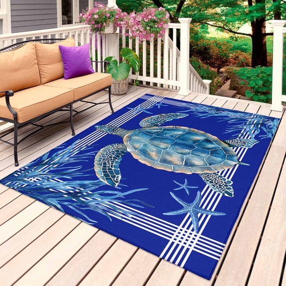 Turtle Navy Blue Outdoor Rug for Patio/Deck/Porch, Non-Slip Large Area Rug 5 x 7 Ft, Coastal Starfish Coral Ocean Stripes Indoor Outdoor Rugs Washable Area Rugs, Reversible Camping Rug Carpet Runner