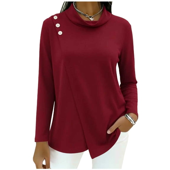 Turtle Neck Blouses for Women Button Asymmetric Hem Pullover Tops Solid Long Sleeve Shirts Lightweight Slim Fit Sweatshirts Thin Fashion T-Shirt 2026 Summer Tops